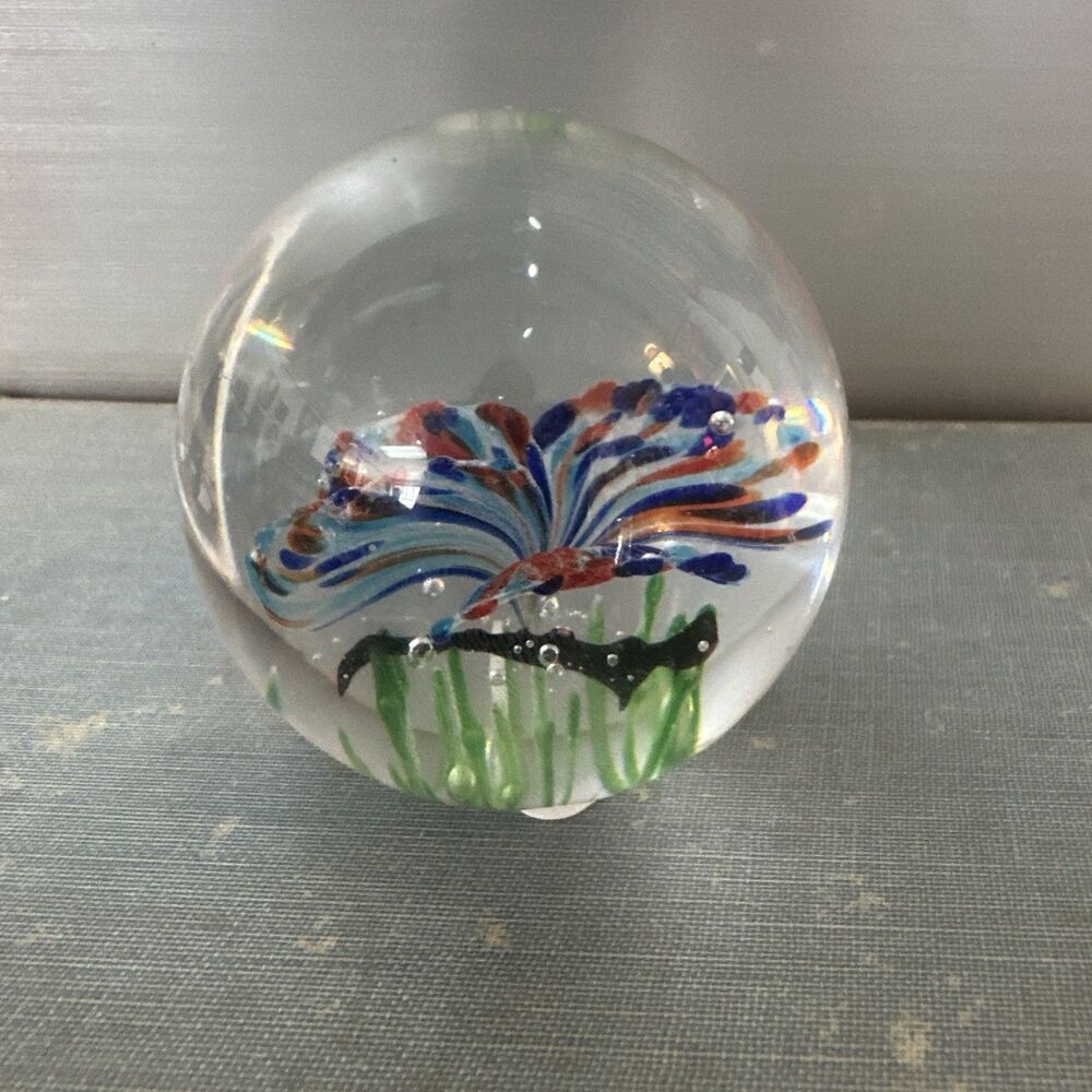 Dynasty Gallery Art Glass Small Paperweight Blue Butterfly 2+ Inches